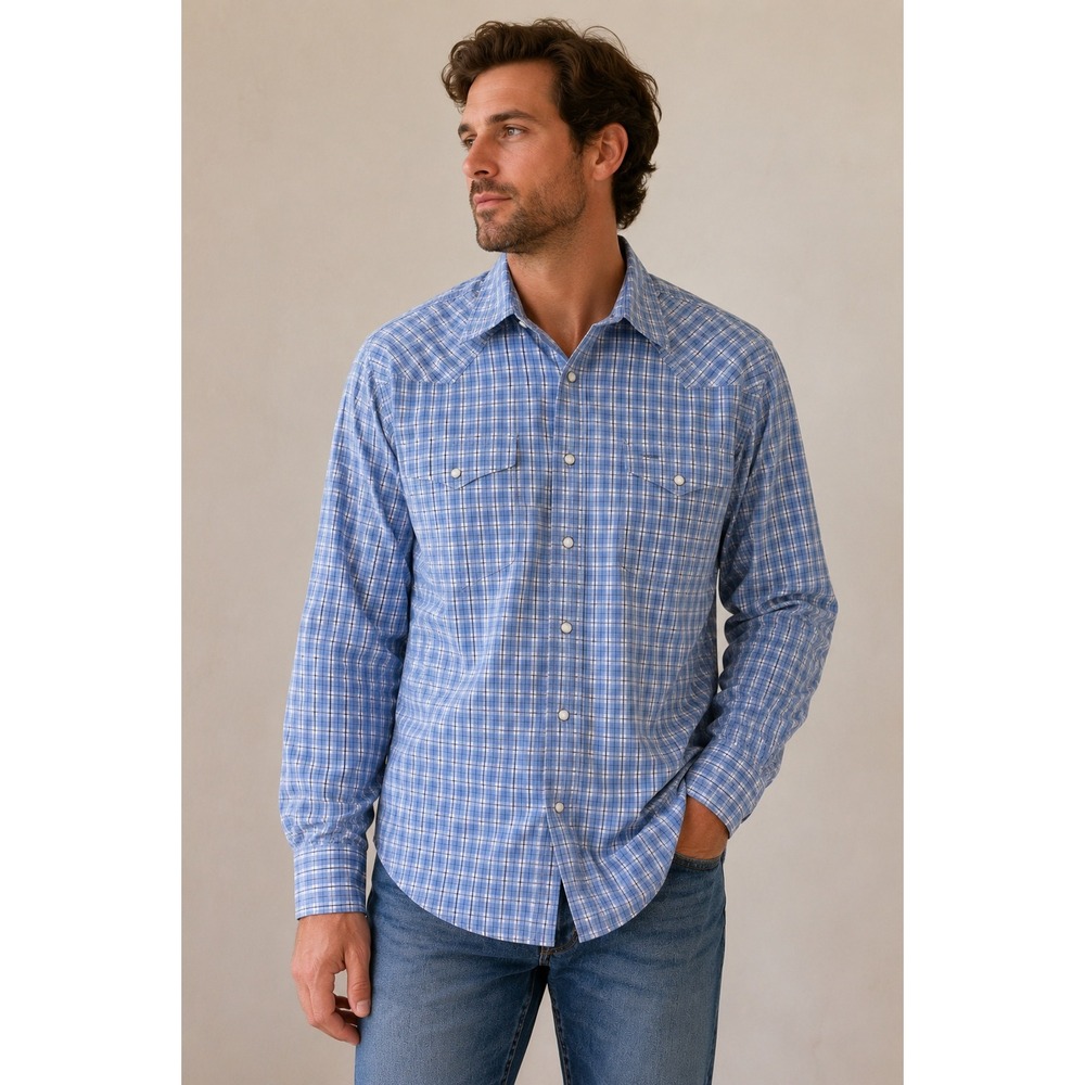 Wrangler Blue Plaid Western Shirt Mens Large Pearl Snap Long Sleeve